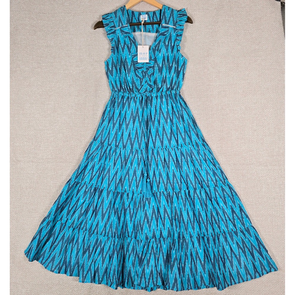 Mer St Barth Giselle‎ Dress Ikat Turquoise Tiered Maxi Sleeveless Small NEW
